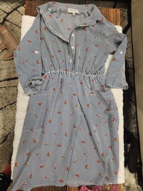 Flattering Striped Cherry Print Shirt Dress, Blue with Red Cherries And Pockets!